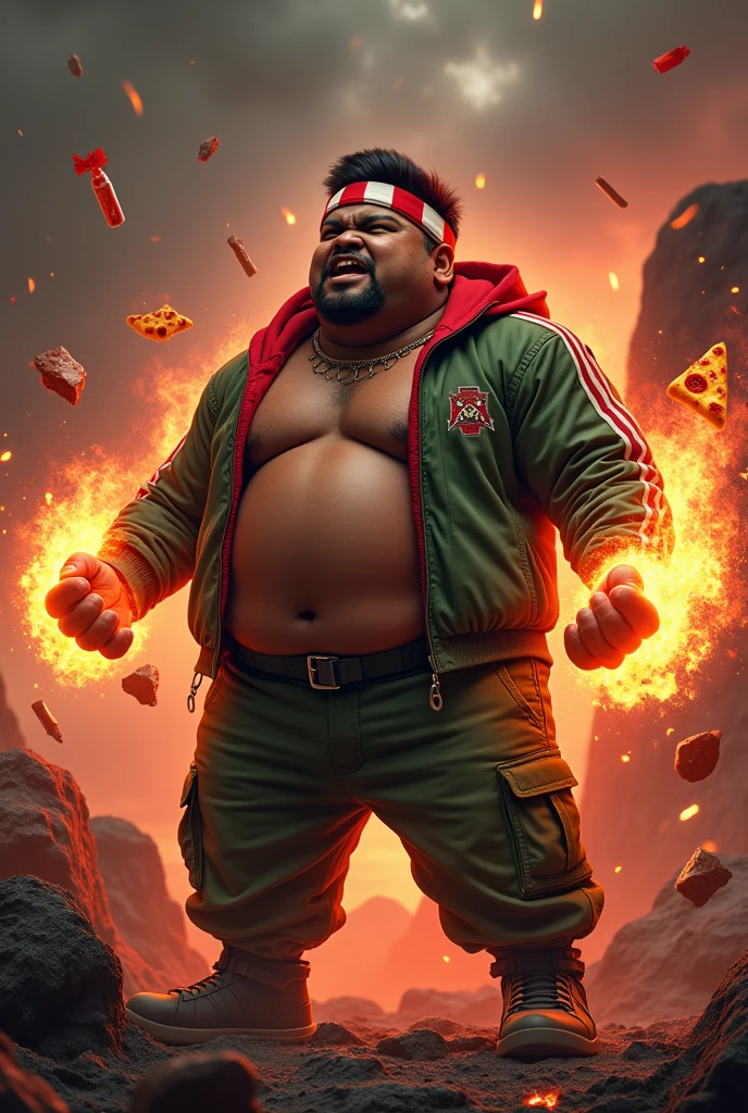 a man real age 17 year old bangladesh, nepal (fat body. belly fat chubby body type.) sharp eyes. chubby face. dark skin. man . Anger face. Open mouth. wear headband red whitr. . wearing an (green red stripe jacket) future shirt . anger faces, short hairstyle . Dramatic.. stand on lava ,( camouflauge green)cargo pant,, detailed face, cinematic lighting, dramatic atmosphere,.hot day. vibrant colors, 8k, high quality, photorealistic. Hero suit.. hand light green power dark power from his hand. Glowing magic element magic elment from hand, ember everywhere . ,army green logo design on pant . Very strong. Future design dress. Very epic. Very hot background.. dark sky. Very strong . . Flying floating pizza, candy. chocolate bar everywhere..Shadow power from hand Floating small rock everywhere.