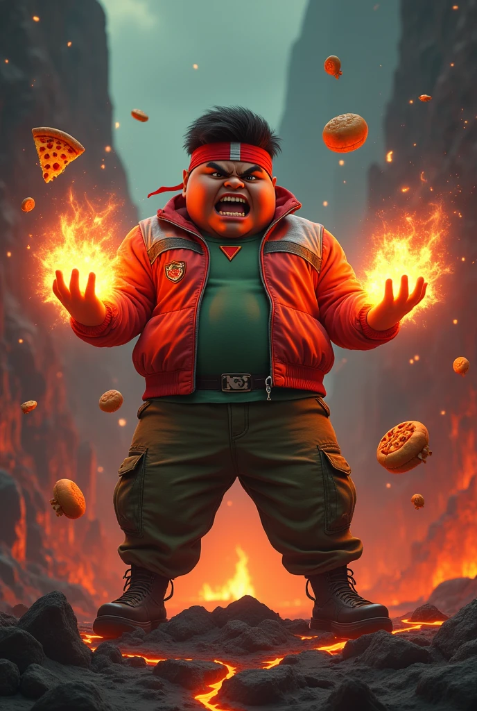 a man real teenage 17 year old bangladesh, nepal (fat body. belly fat chubby body type.) sharp eyes. chubby face. dark skin. man . Anger face. Open mouth. wear headband red whitr. . wearing an (green red stripe jacket) future shirt . anger faces, short hairstyle . Dramatic.. stand on lava ,( camouflauge green)cargo pant,, detailed face, cinematic lighting, dramatic atmosphere,.hot day. vibrant colors, 8k, high quality, photorealistic. Hero suit.. hand light green power dark power from his hand. Glowing magic element magic elment from hand, ember everywhere . ,army green logo design on pant . Very strong. Future design dress. Very epic. Very hot background.. dark sky. Very strong . . Flying floating pizza, candy. chocolate bar everywhere..Shadow power from hand Floating small rock everywhere.