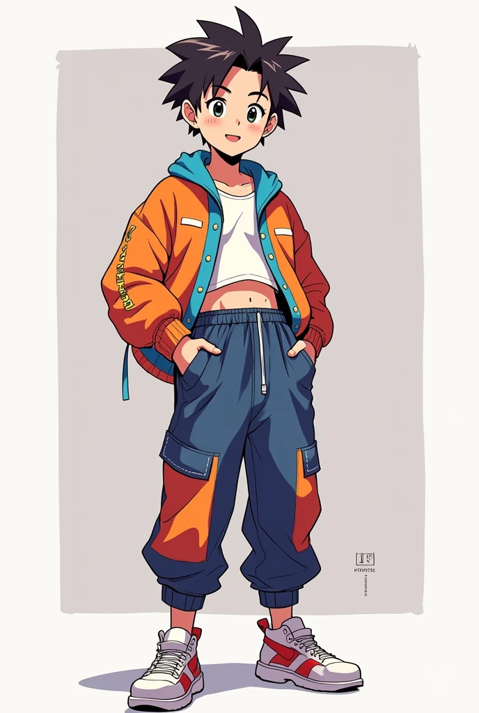 Anime-style Bangchan in a 90s-style crop top and pants in a cute pose
