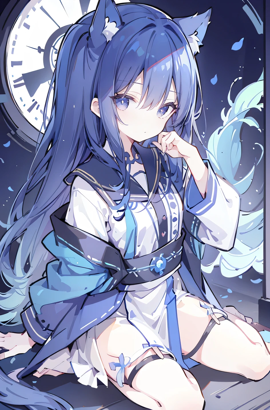 (Masterpiece:1.2)，Ultra-detailed，lifelike，The eyes are expressive，Fair skin，Perfect face shape，1 girl，Japanese Manga，Gorgeous blue hair，Flowing blue hair，Flowing clothes，Cat ears，Petals falling，Shy face，sitting on window，Place your hand on your lips,masterpiece, absurdres, novel cover, cover illustration, 1girl, solo, dark blue-haired ponytail, mage robes, flower background, clock background, monochrome, line drawing