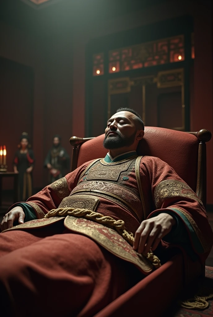 Close-up shot, extreme Low angle shot, (Qin Shi Huang lies on a grand, yet somber, bed in his royal chambers, his face gaunt and ashen, eyes closed in eternal sleep. His once-powerful form is now frail, the effects of mercury poisoning evident in his pallor and sunken cheeks. He is dressed in his finest imperial robes, adorned with gold and jade, symbolizing his unyielding belief in his divine right to rule. The background is filled with mourning attendants, their faces stricken with grief, and the room is dimly lit by flickering oil lamps. The atmosphere is heavy with the finality of death, the flickering shadows on the walls adding a haunting quality to the scene) unreal engine, cinematic, hyper-real, highly detailed, Ultra realistic HD --q 2 --v 6.1 --ar 9:16  