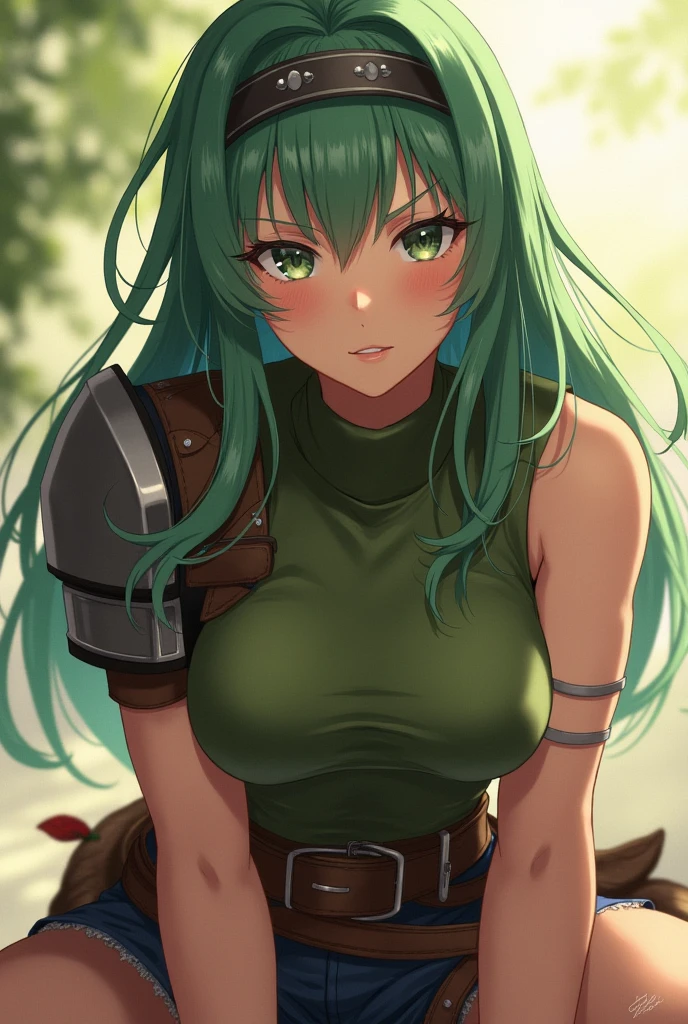 Girl with green hair, (realistic, highest quality, High resolution, real women pictures:1.57), realistic, (15 year old girl= in cowgirl position:1.7), curved body, anatomically correct body, (head band, green sleeveless turtleneck, shoulder armor, arm guard, shorts:1.87), beautiful navel, (slender body shape:1.7), nostrils are not visible, nose too small, spreads her legs wide open and straddles the man in cowgirl position., thin waist, beautiful thighs, beautiful feet, Beautiful depiction of the vagina, (The penis is in the vagina:1.74), (The body is wet with lotion), Detailed depiction of the vagina, beautiful girl has sex with a guy, saddle, (exact limbs:1.99), small face is beautiful, (put your hands behind your head:1.5), (lips slightly open), Beautiful woman has sex with a man in cowgirl position, ((a man exposes his penis:1.74)), girl has the cutest face, 15 year old girl
