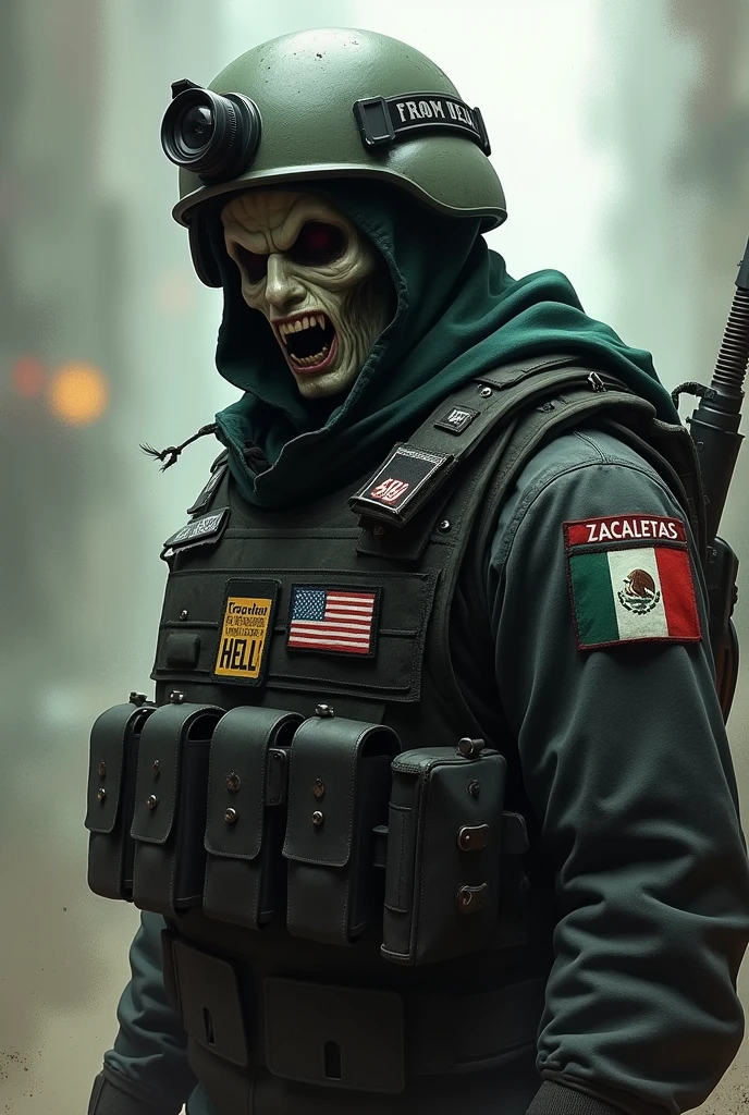 You can create an angry ghost illustration LIKE Casper with military-style clothing, a tactical helmet with a small camera on the helmet, a black bulletproof vest with a patch that says Troops from Hell and another with the Mexican flag and another with the 696 and another that says Zacaletas Operations