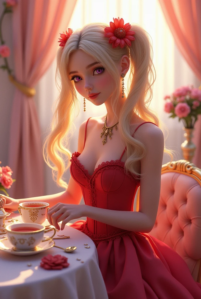 Blonde and pink gradation。Long twin tails。Mysterious and magical purple eyes。Lady in a red dress。Pearl ornaments。Tea party。