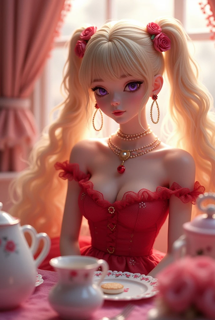 Blonde and pink gradation。Long twin tails。Mysterious and magical purple eyes。Lady in a red dress。Pearl ornaments。Tea party。