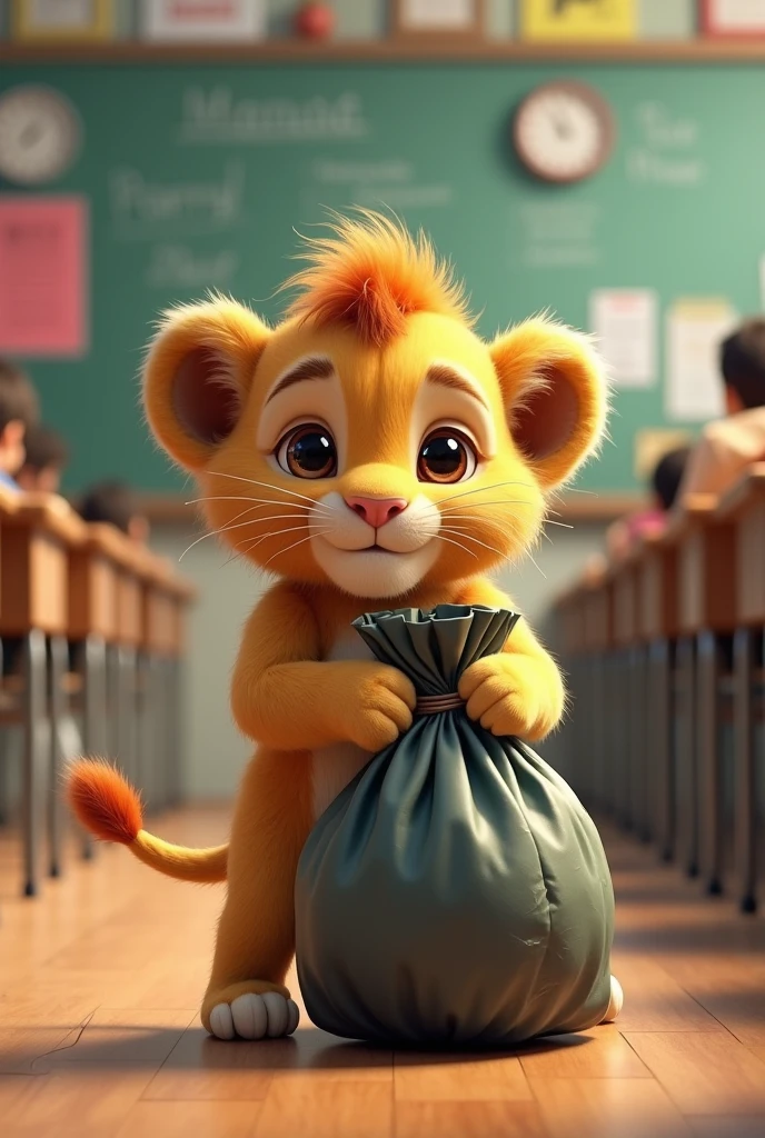 Baby lion with garbage bag in hand at school