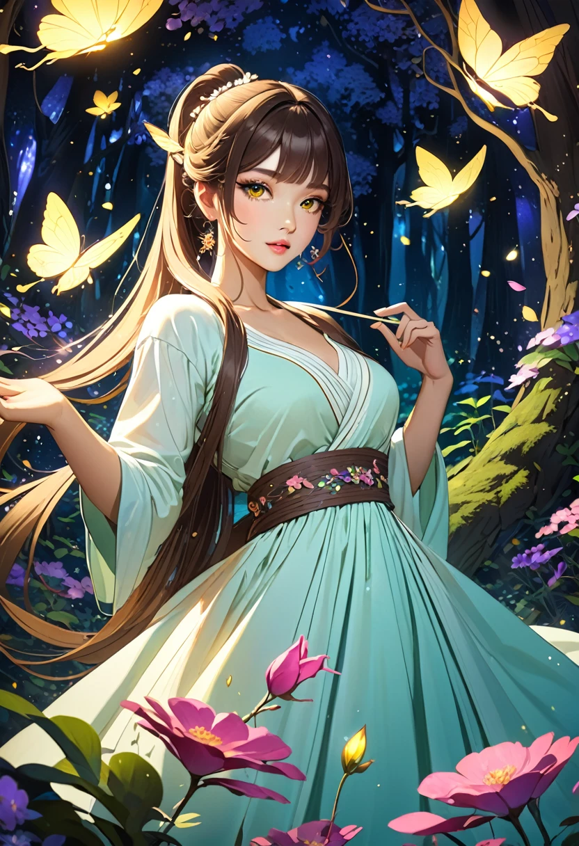((best quality)), ((Masterpiece)), (details), Young woman, Medium bust, brown hair, yellow eyes, ((long hair, ponytail)), handsome face, (Tanned skin:1.3), Long eyelashes, Thick eyelashes, Hanfu,（Dress conservatively：1.3）,Flying petals, seductive pose,colorful,Magic Forest,sparkling light particles,nighttime,atmosphere,Enchanted,ethereal light,beautiful nature,dreamlike,quiet,quiet,undercover,charming,undercover,การแสดงตนที่charming,elegant posture,peaceful aura,shining,beauty in nature