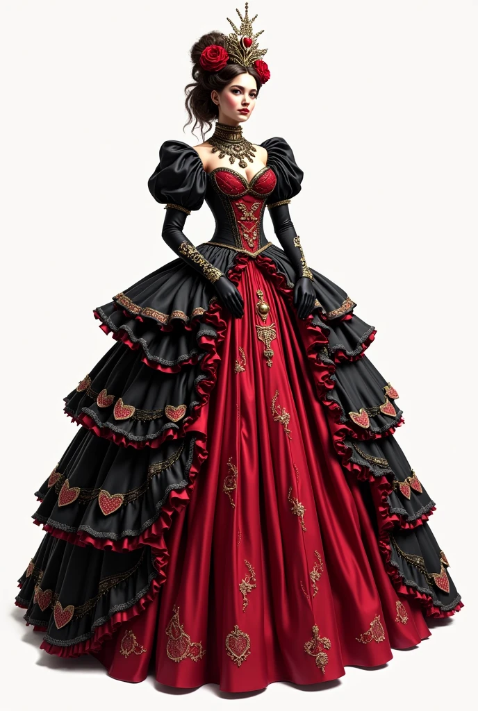 I want you to create a sketch of a dress inspired by the Queen of Hearts, with a style that mixes Victorian and princess elements, suitable for a gala event. The dress will have details that refer to the theme of Alice in Wonderland, with colors characteristic of the Queen of Hearts, like red, black and details that are simple with gold and white sawdust that is easy to make