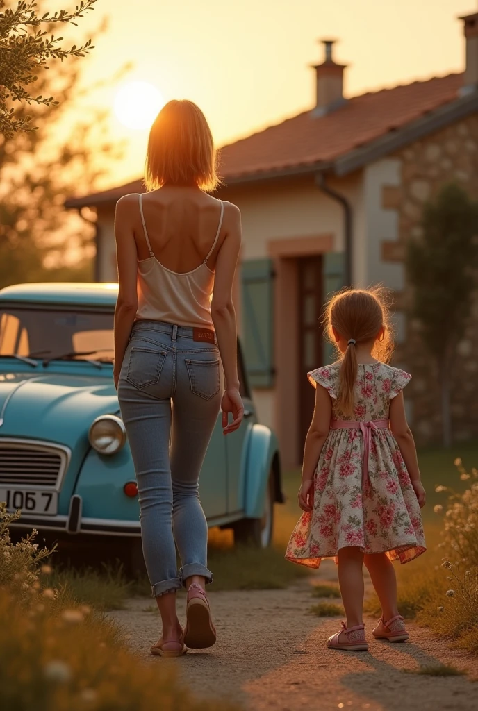 Rustic house from Provence. In the foreground, close, 25 year old girl, redheadwear, short-hair, wearing very tight jeans and cropped tops, passes by old blue Citroën 2cv apparently abandoned.curious and amazed, commenting with his 5 year old sister, with flower dress. sunset. Filtro Foggy. style of photographer David Hamilton.