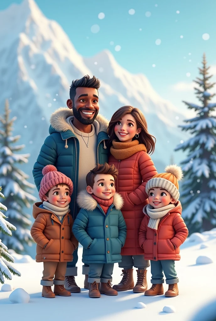 image of a family on vacation in the snow, tall black father short hair with short beard, fair skin mother medium hair, 15 year old son , another 9 year old son and a 2 year old daughter