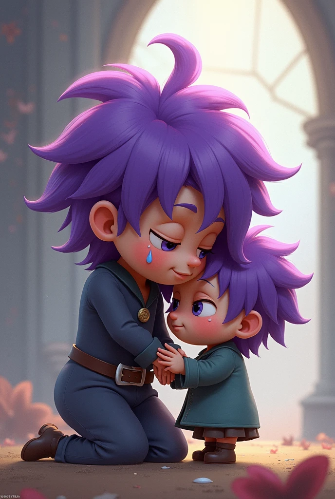 The little purple-haired monster hugged the little hero and cried.。

