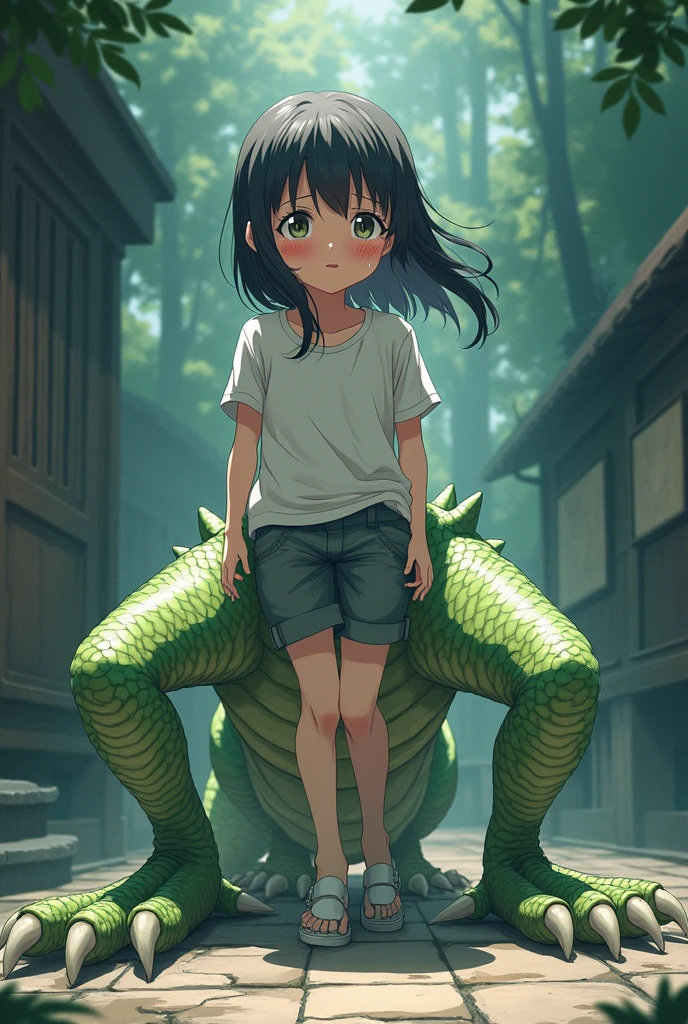 A girl's lower_body is transformed into a dragon(four legs)(Japanese anime style)(scared and crying)