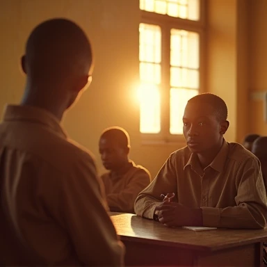 vue d'ensemble d'une scene  a l'école ou un professeurs interrompt le soleil d'un élève burkinabe