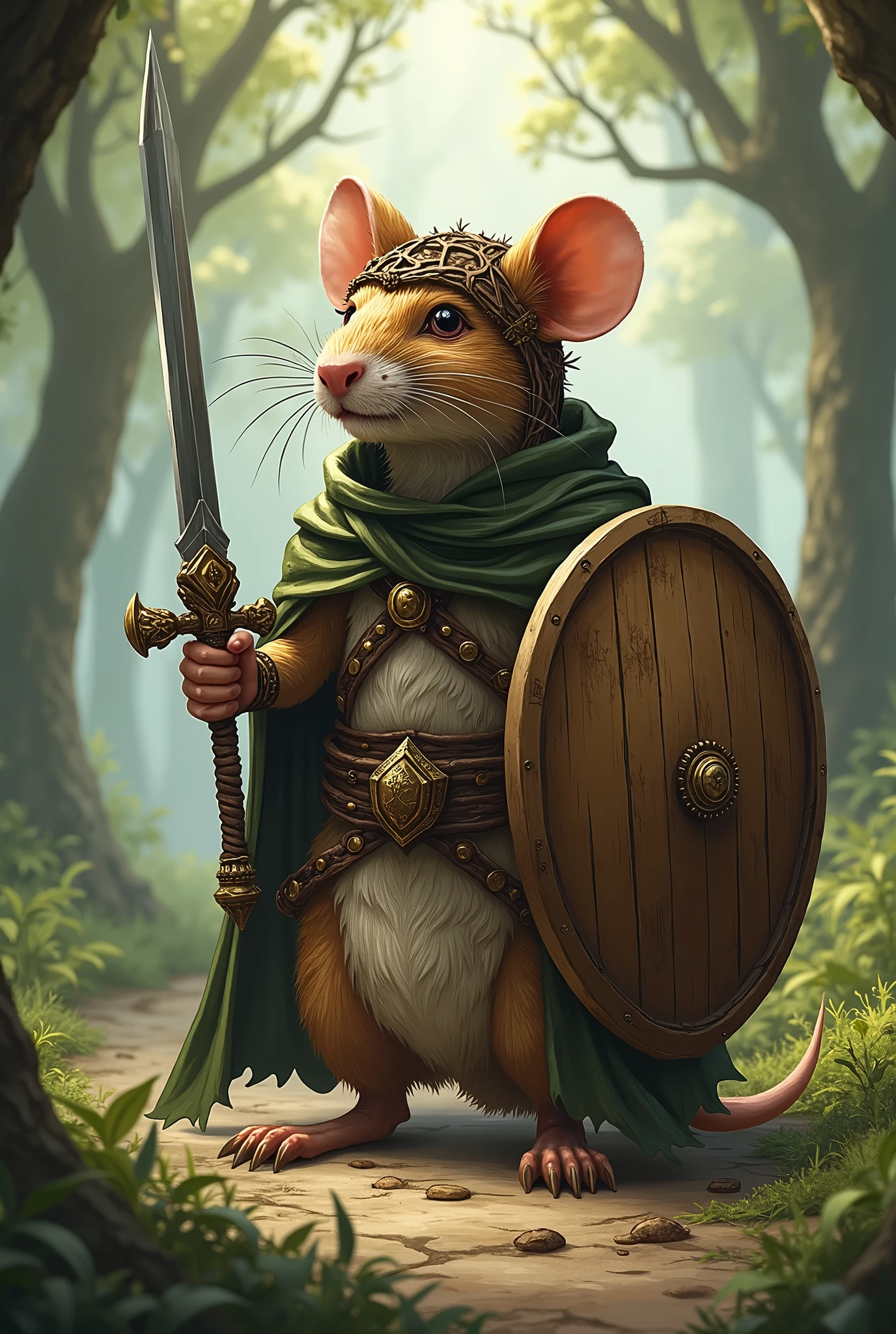 Make a Paladin Rat for RPG, he uses a hazel shield, a needle sword, and a helmet of branches