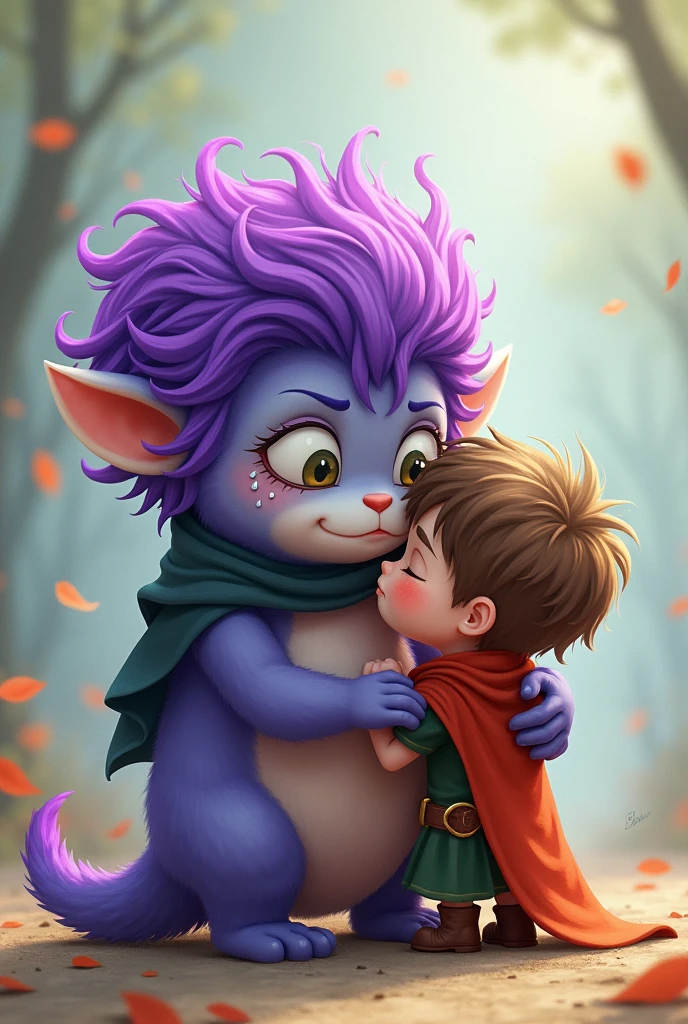The little purple-haired monster hugged the little hero and cried.。