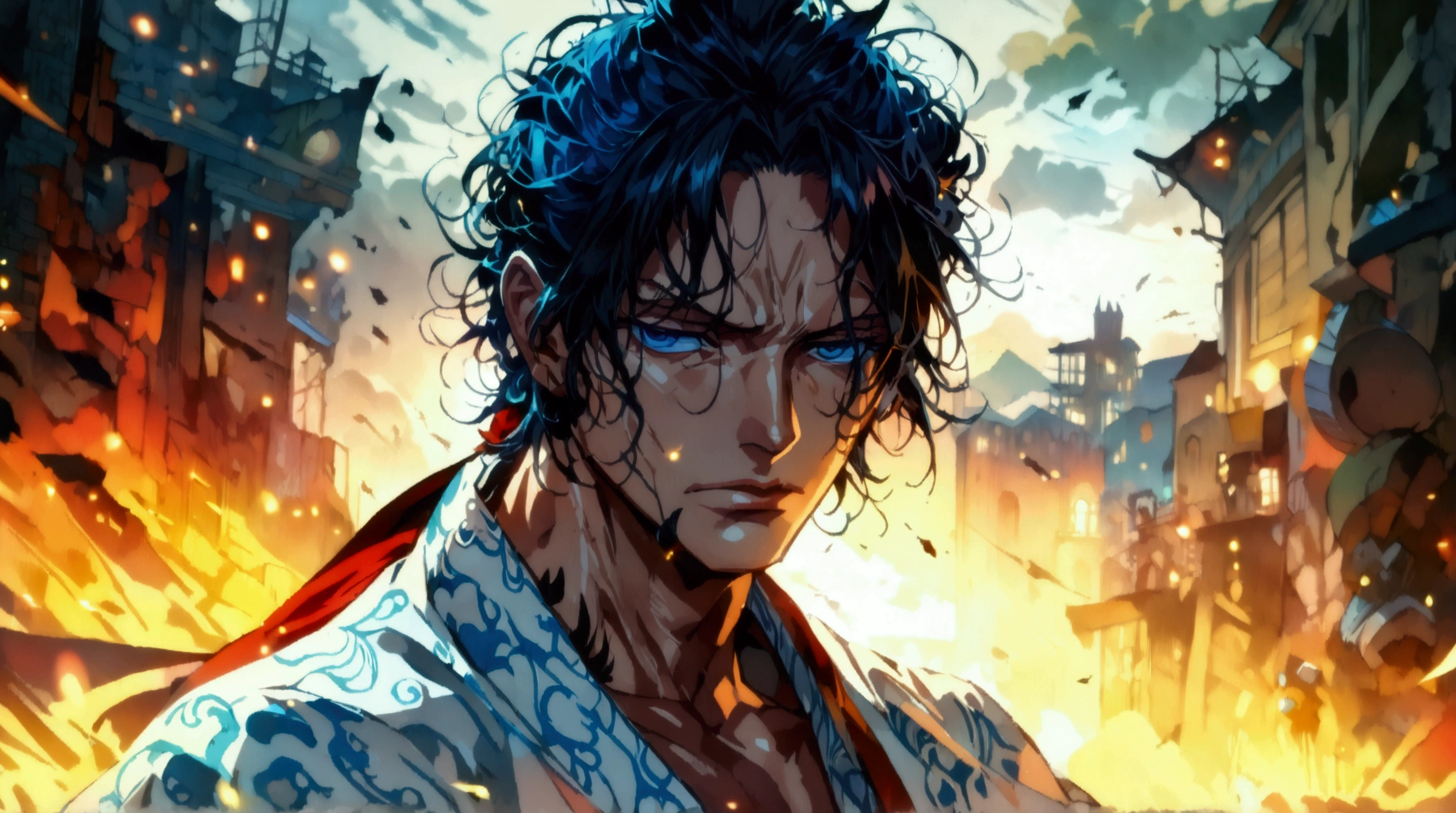 Man,blue samurai bun hair,blue eyes,tired expression,wearing white formal wear,destruction scene,((Intricate anime character design inspired by One Piece)),((Stunning lighting)),((Fine lines)),((Stunning focus)),((Centered character)),((Stunning face)),((Detailed focus)),((Detailed background)),((Ultra-fine 2D design)),((Creative backdrop)),((2D masterpiece)),((Best quality)),((8K anime style)),((Full body))