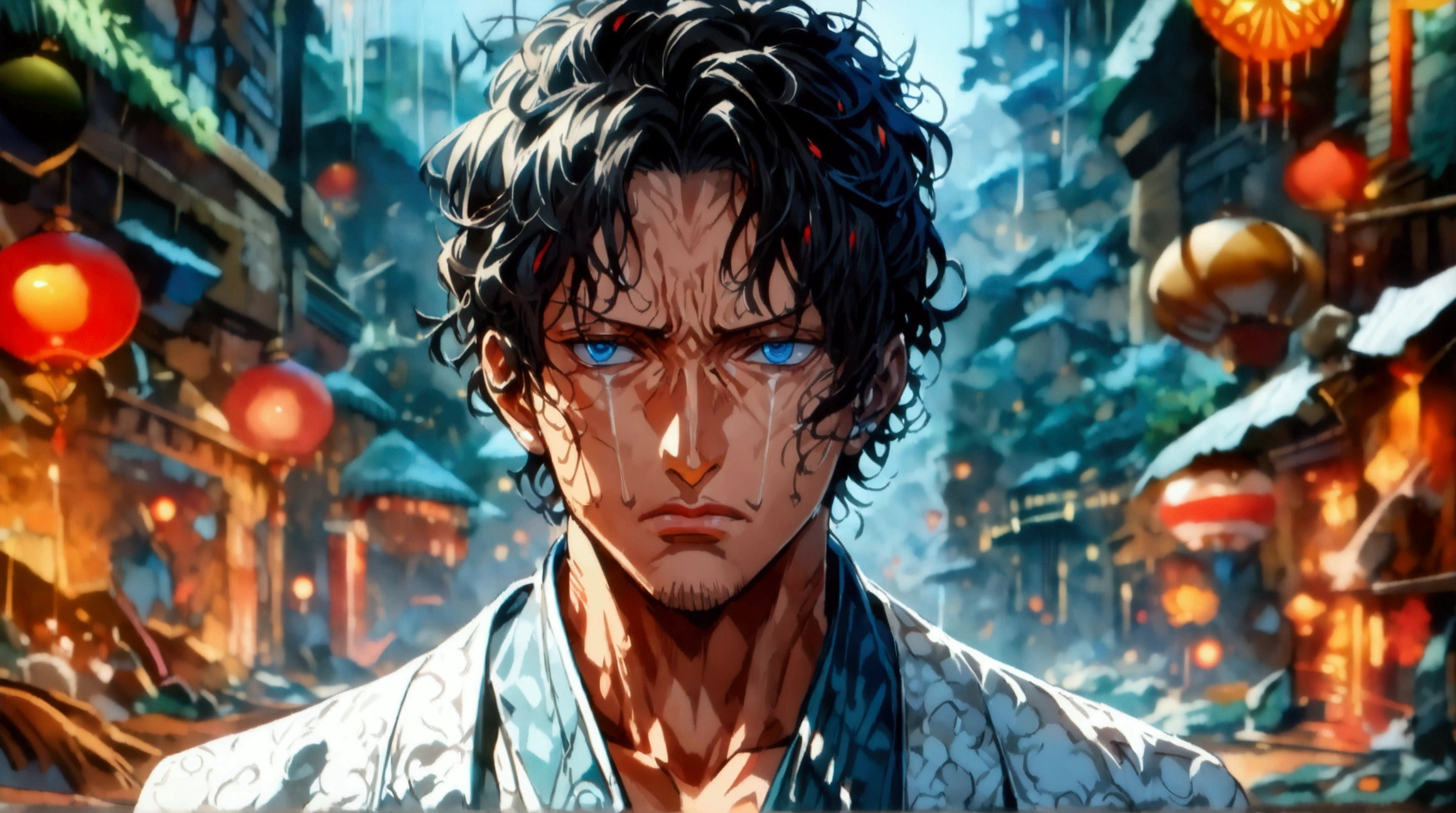 Man,blue samurai bun hair,blue eyes,tired expression,wearing white formal wear,destruction scene,((Intricate anime character design inspired by One Piece)),((Stunning lighting)),((Fine lines)),((Stunning focus)),((Centered character)),((Stunning face)),((Detailed focus)),((Detailed background)),((Ultra-fine 2D design)),((Creative backdrop)),((2D masterpiece)),((Best quality)),((8K anime style)),((Full body))