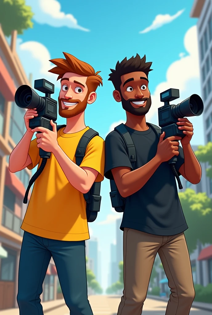Cartoon of a camera crew consisting of 2 members: 1 young Caucasian man and 1 dark-skinned man, All wearing black and yellow shirts and camera equipment 