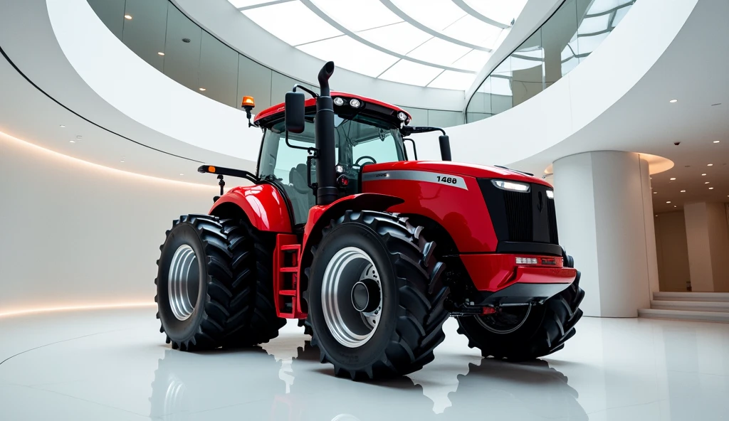  tractor (international tractor 1468 ) takes center stage in a luxury white showroom. The vibrant (red) exterior gleams, drawing attention to its sleek, aerodynamic design and bold accents. The tractor( international tractor 1468) " is prominently displayed in large, metallic letters on the tractor, set against a dark wall. The ( side view,  ) view showcases the cutting-edge innovation and technology of its time, inviting potential buyers to experience the future of automotive design and  performance. This awe-inspiring image promises an unparalleled driving experience. Tractor ki picture do yah aap kya de rahe ho