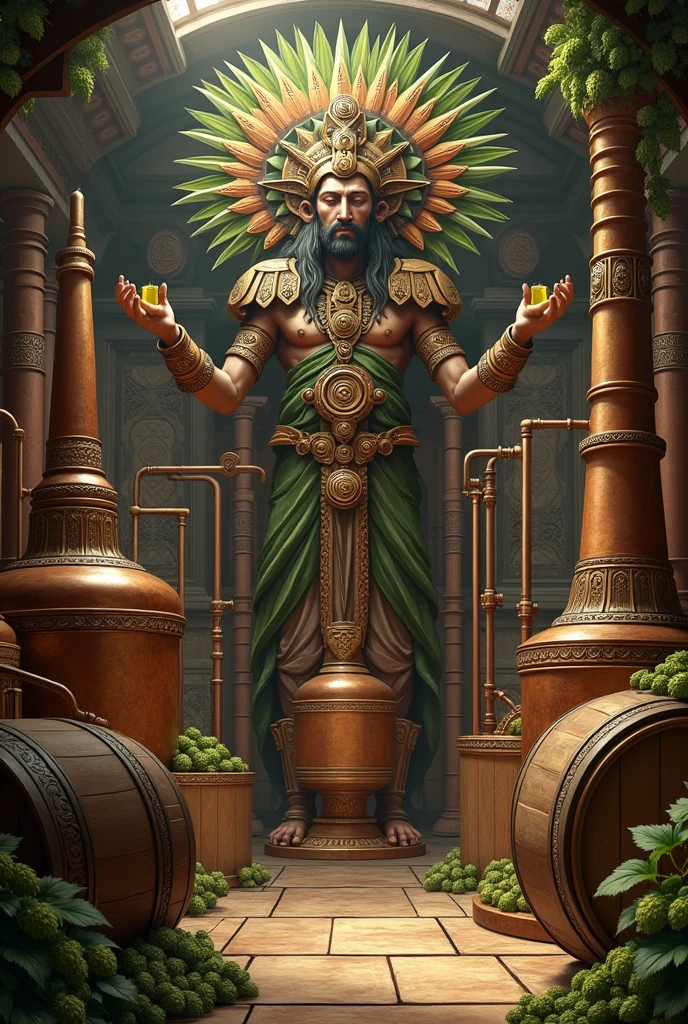 History of craft beer making machines with hops and barrels with indigenous god working 
