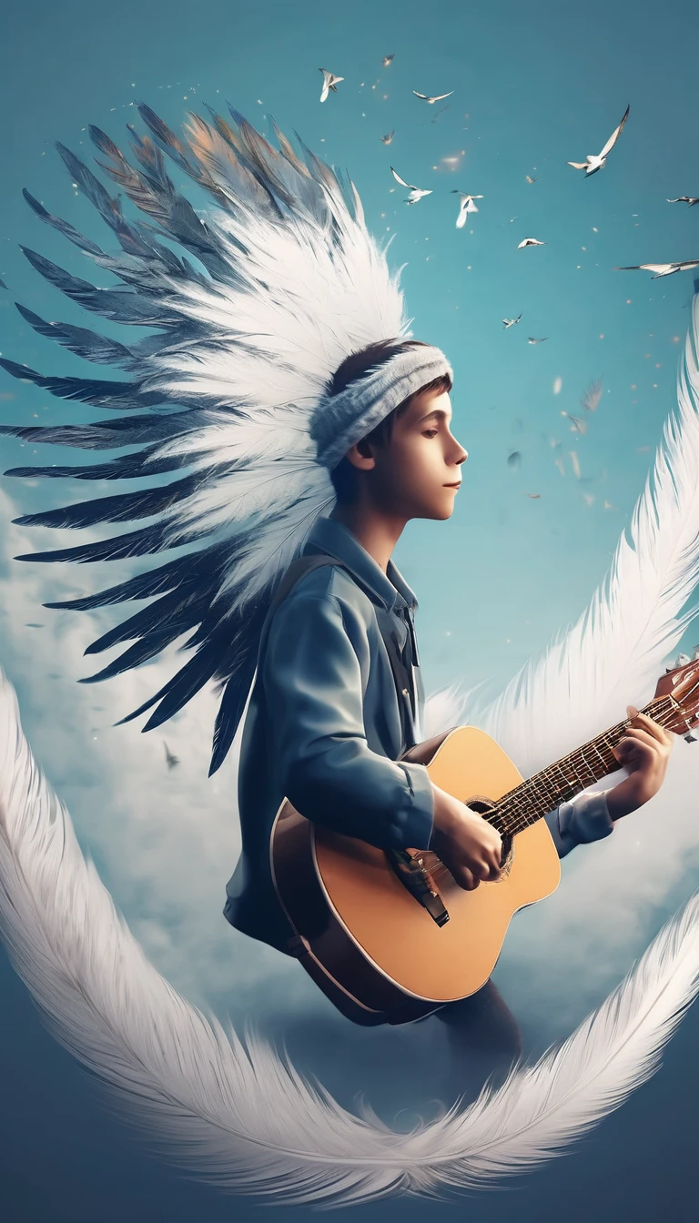 Create a professional, fantastic, cinematic dream-like logo design for a brand about music, stories, fantasy, memories and dreams called " Penamemoria". Masterpiece, 4k, sharp focus, highest quality,wide shot. The title is " Penamemoria". Creative, unique creative poetic adventure of a boy playing acoustic guitar in a world of feathers. Minimalistic, simple, poetic, dreamy logo design at the center of the image. The Background image is a world full of feathers, unique birds, light blue sky, soft white. White Logo design of a unique, creative, fantasy feather that conveys a sense of stories, fantasy storytelling, poetry and mistery.