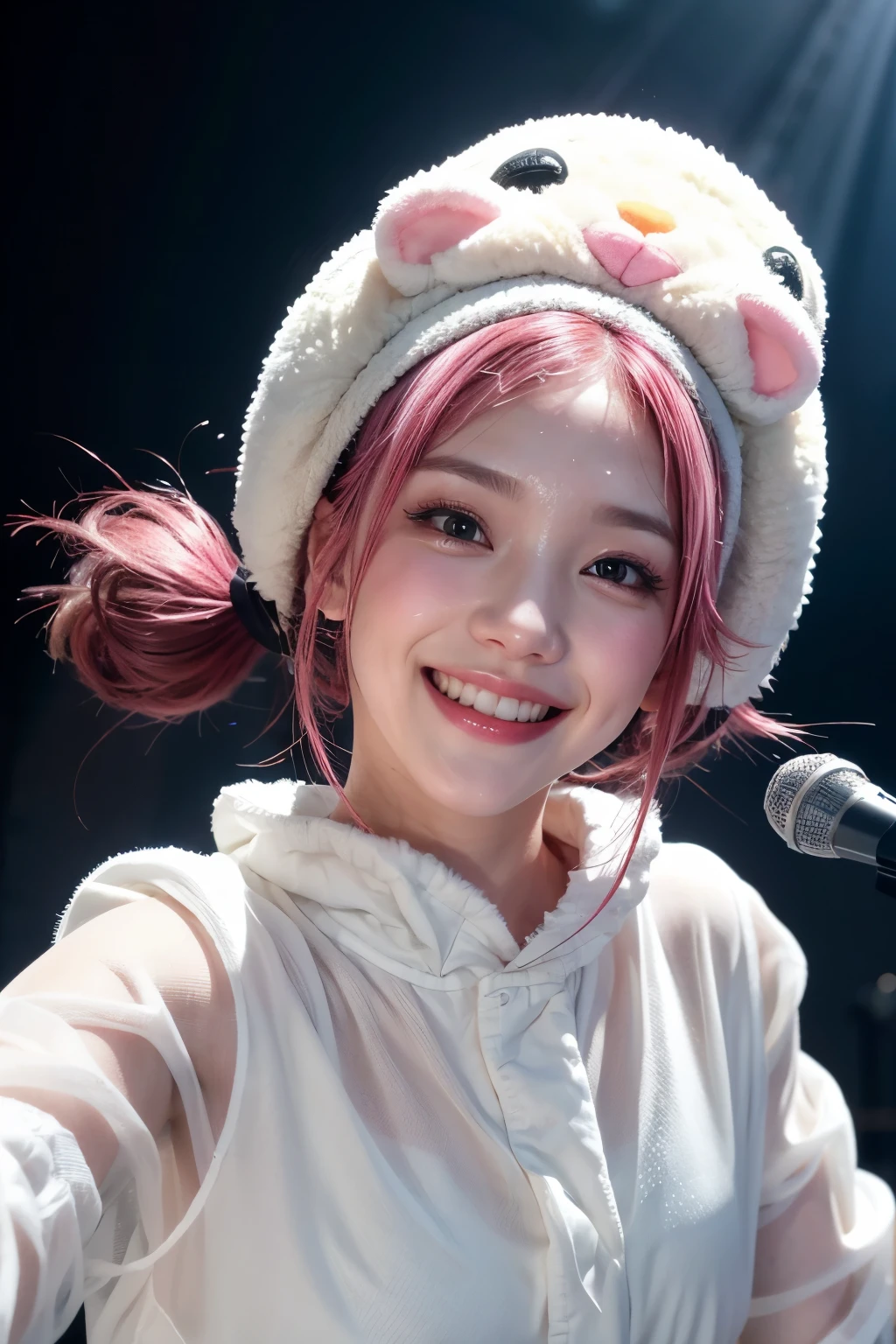 realistic, on the stage of the concert, brightly lit by spotlights on the stage, extremely bright lighting, wearing mascot headgear like an otter on head, wearing otter-like mascot-costume on the whole body, jumping, pink hair, pigtail hairstyle, hair is blowing in the wind, hair is shaggy and dishevelled, beautiful white-colored translucent skin and face, sweat splashes, glamorous figure, heavy and vivid makeup, small nose, smooth shaped jawline, glossy face, heavy flushed cheeks, big smile, close-up shot