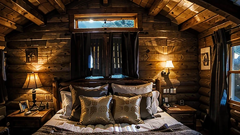 ((realistic)), ((ultra-Hd: 1.3)), Inside a cabin. The spectator admires the starry moonlight. With a greenish tint