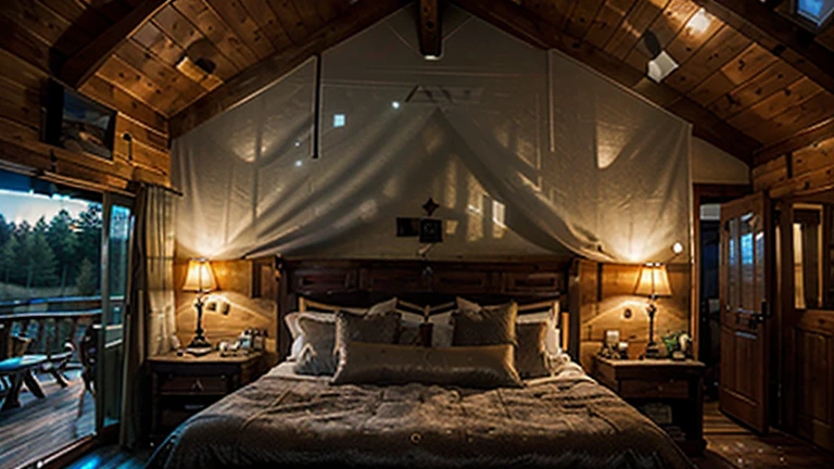 ((realistic)), ((ultra-Hd: 1.3)), Inside a cabin. The spectator admires the starry moonlight. With a greenish tint
