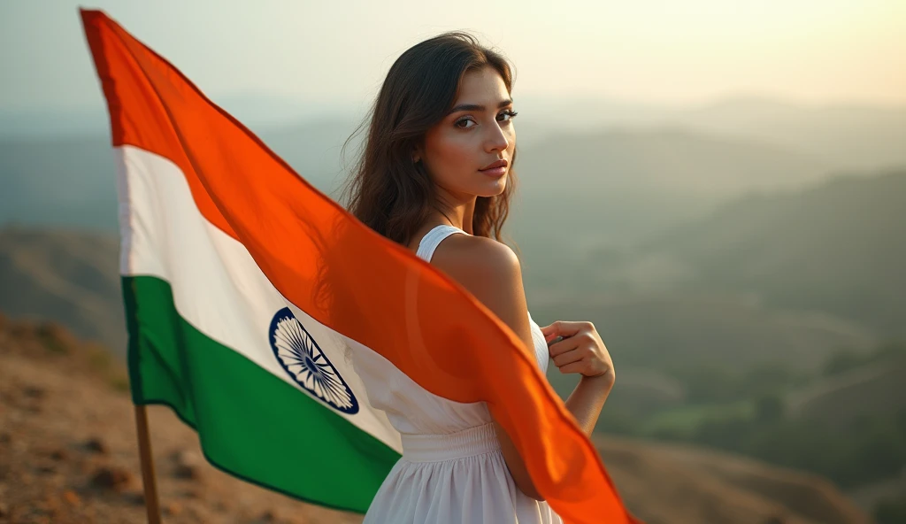 A 18 old sexcy and cute girl carrying Indian flag, standing on the heights, (4k, HDR), realistic
,( IVID filter)
