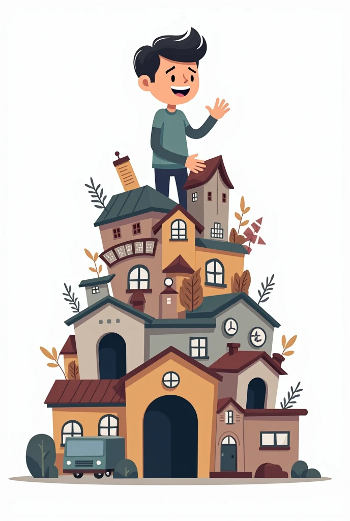 A cartoon cutout in white background of a man saying i am fine and looking at front with fake smile  but he is buried under huge pile of a lot of obstacles like dream, work, family, financial pressure, home impacting his mental health
