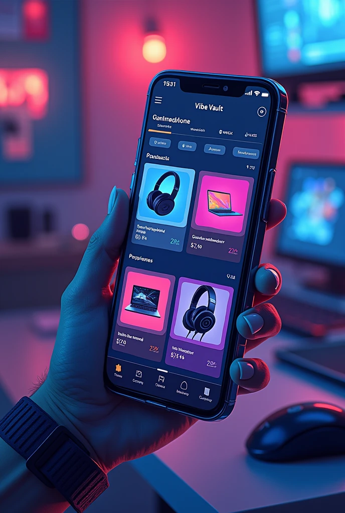 Hi plz generate me a image in which A mobile is Kept at the centre and there is a App focused which is named “Vibe Vault”which is a Shopping app in which the recommendations are Gaming Headphones Laptops 