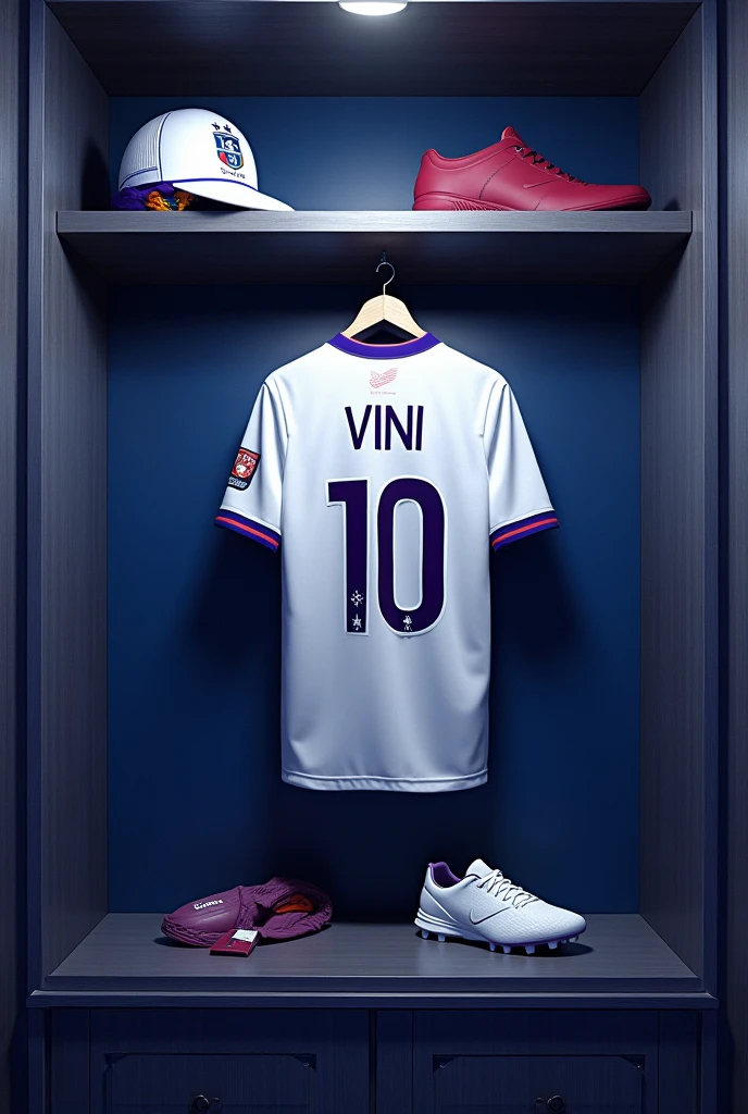 football locker room with a football player&#39;s cabin ( There should be no person in the image) In this cabin there will be a white shirt with purple details on the collar and sleeve. The shirt must be showing the back with the name VINI highlighted and the shirt number must be number 10., must have a nike tiempo legend 9 boot original model of the brand , the cabin at the top must contain the name of the club which is GALADOS CITY 