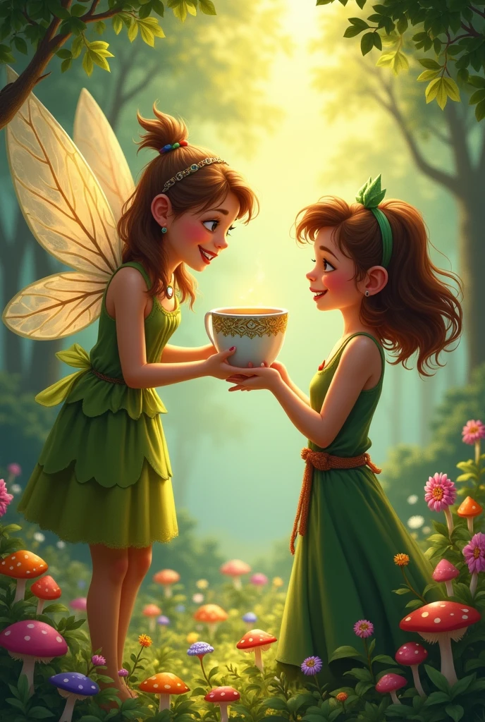 "A fairy handing Maya a cup of magical tea with a mischievous smile."