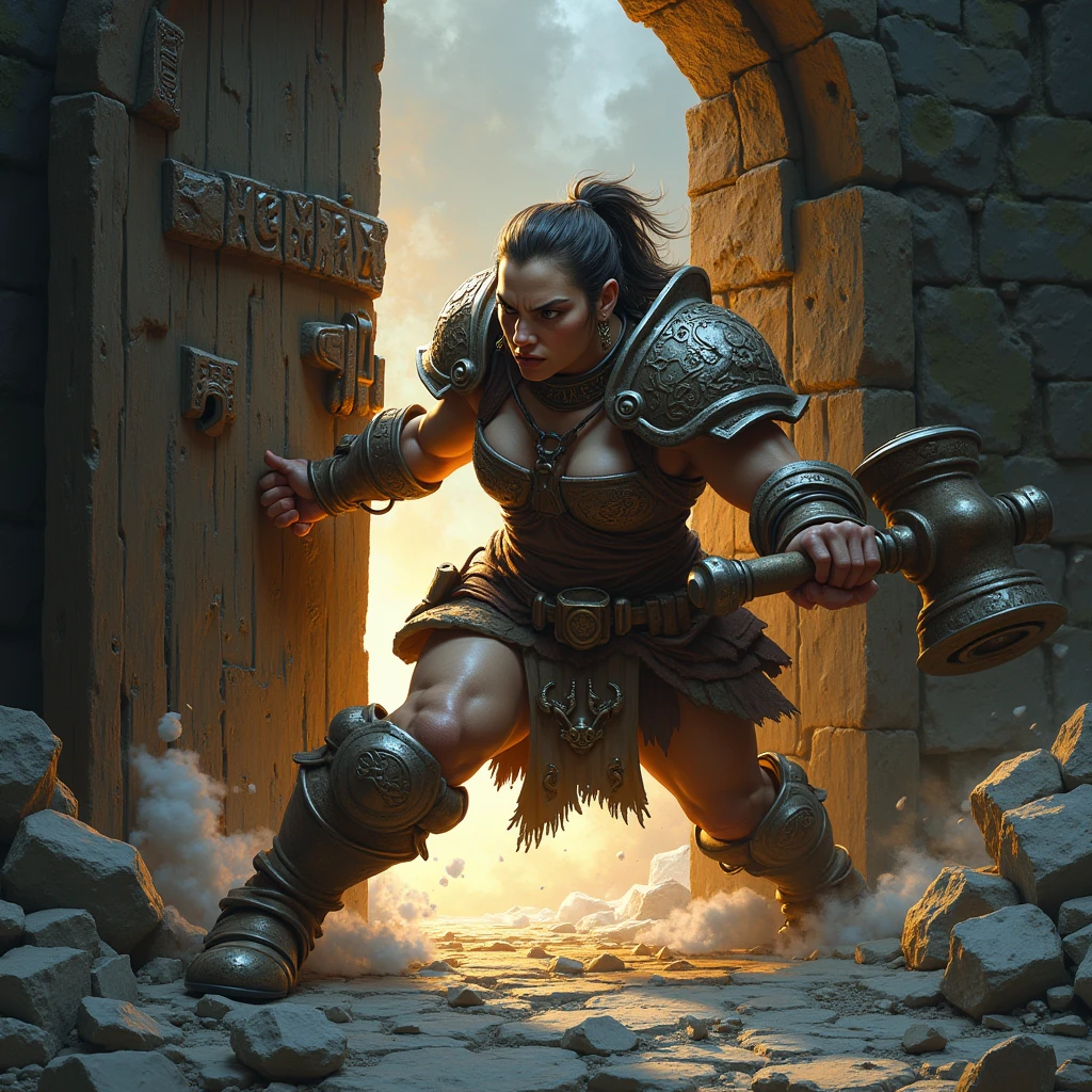 A female dwarven warrior kicks down a locked door、Dungeons＆Dragons
