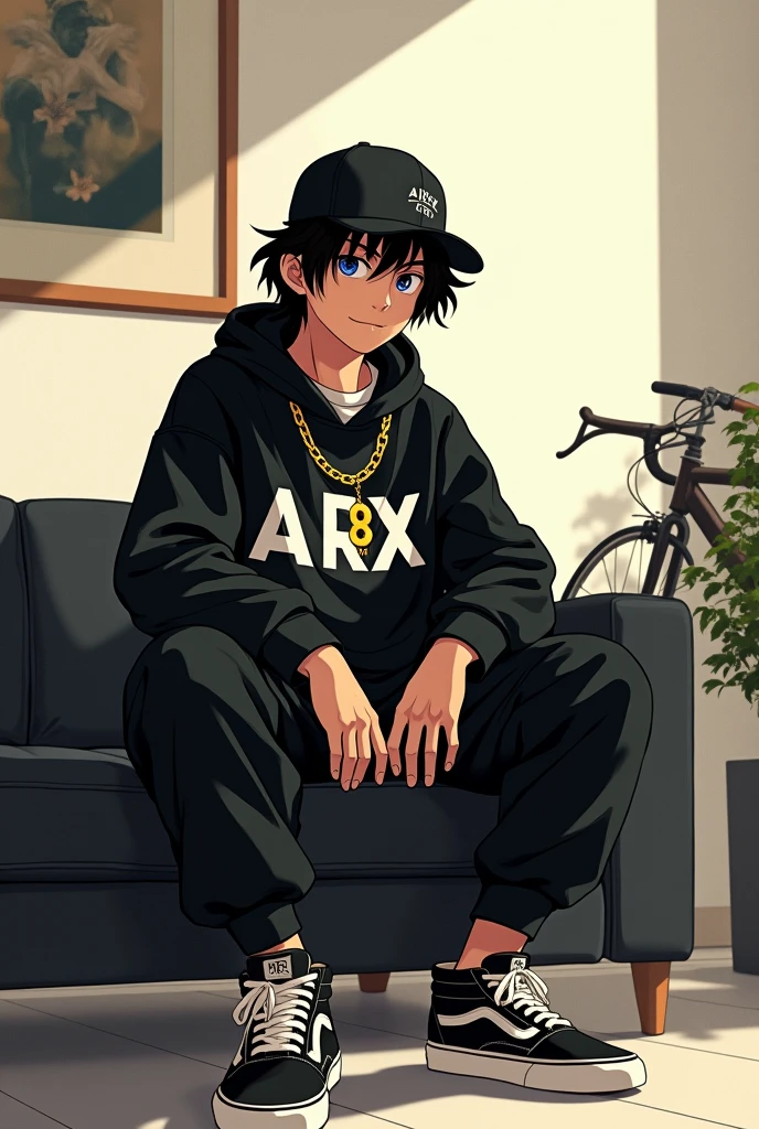 age Goku, hip hop style cap on head, sitting in a room with white walls with black furniture and bright lights, slave chain with the initial Arx in gold, Loose black sweatshirt with a print in the center written ARX in white, long black pants and Nike Vans-type sneakers, interior, soft light, relaxed pose, in the background a Baker bicycle, realist, warm colors, by Greg Rutkowski, by Alphonse Mucha