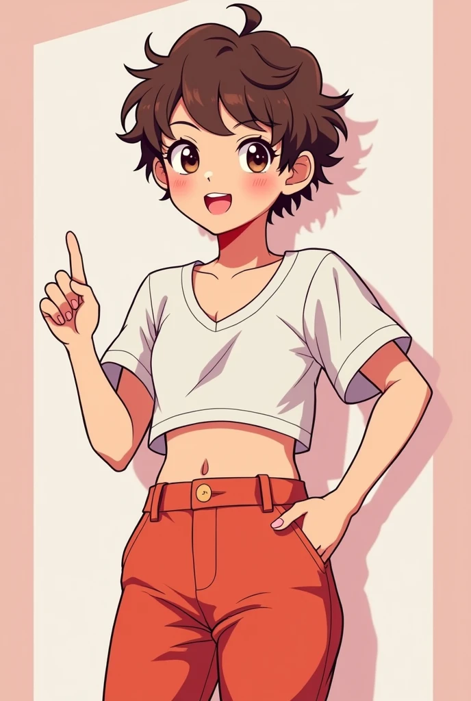 Bangchan from the group Stray Kids in anime style with a crop top and 90s style pants in a cute pose 