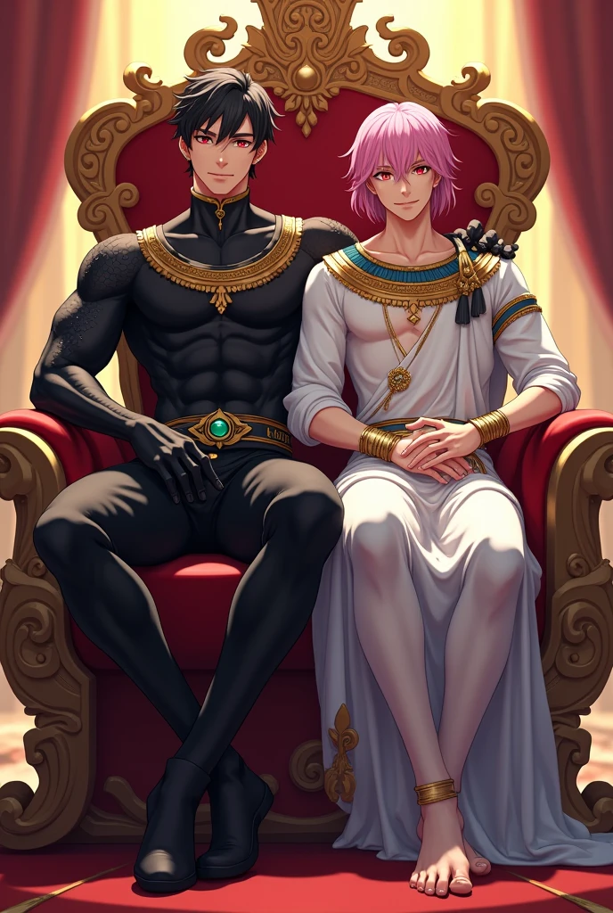 3D anime style image of a 25 year old boy, with a muscular and sexy body, with black hair and red eyes dressed in tight black knight's clothing sitting on a throne and sitting on it a young boy of 20 years old, slim but sexy body, with pink hair and yellow eyes with white Egyptian emperor clothes