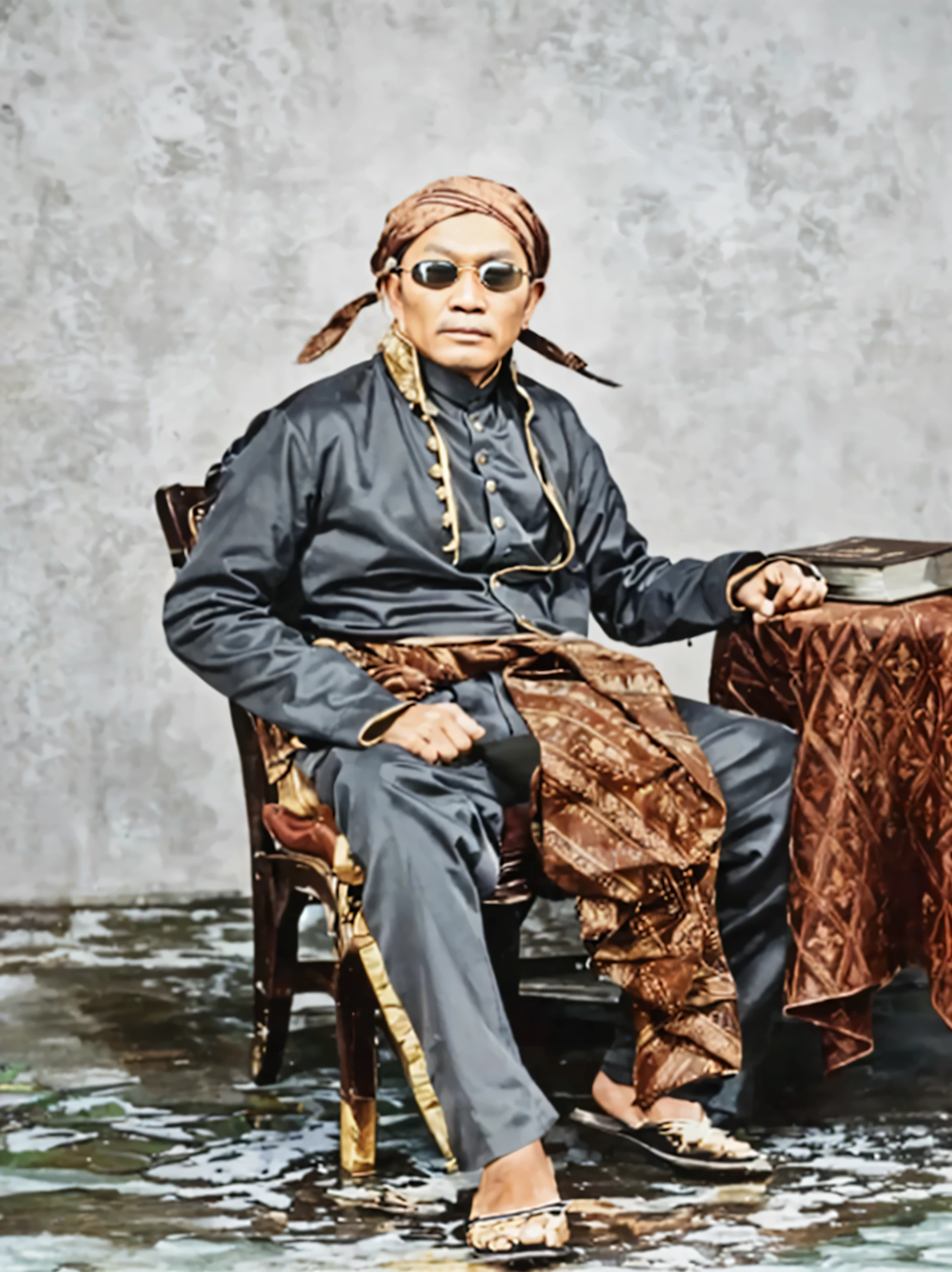 Make this photo look realistic and detailed, Portrait of a Javanese man wearing sunglasses. Location of Java sitting in a chair with a book in a studio photograph, an indonesia, indigenous man, a colorized photo, colorized photo, colorized photograph, colorized, colored daguerreotype, colourized, portrait shot, photo in color, skilled warrior of the apache, old color photo, old color photograph, coloured photo, very detailed potrait, realistic portrait photo, profile portrait, very detailed face, very realistic face, very perfected face, very detailed clothes, very realistic clothes, very perfected clothes.