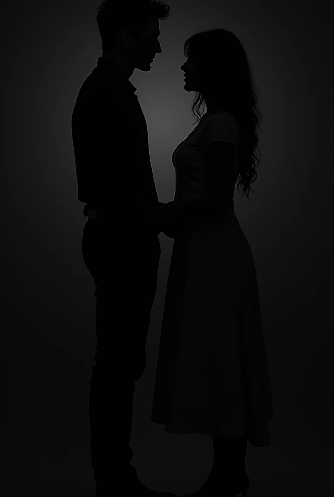 A black and white photo of a young couple standing close together, their faces obscured by deep shadows. The man is 2, 177 cm tall, with short, curly hair. The woman is 2, and their bodies are silhouetted against a dark background. Their postures and the play of shadows suggest intimacy and connection without revealing their identities, focusing on the outline and form of their figures."