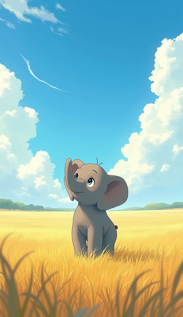 Studio Ghibli Style, Standing in the middle of the vast savanna、A baby elephant looks up to the sky with determination,The warm sunlight paints the scene in golden hues.