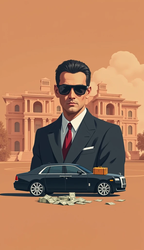 A 25 year old man with mafia coat suit and with muscular body and standing aside on new rolls royce ghost and a lotsof money in a big suit case on the car hood and the background in a big house , picture covers whole car and house.