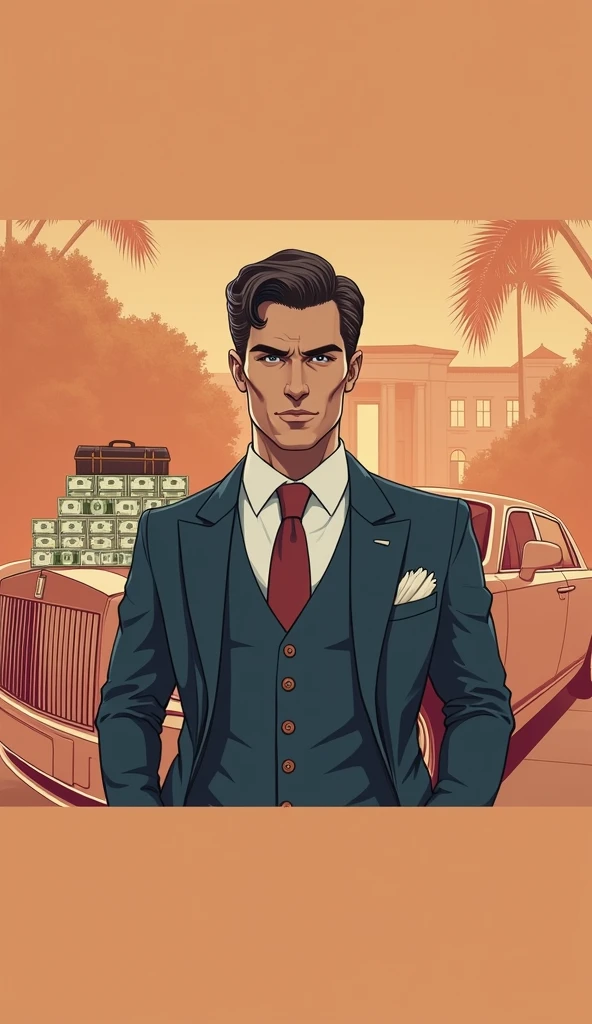 A 25 year old man with mafia coat suit and with muscular body and standing aside on new rolls royce ghost and a lotsof money in a big suit case on the car hood and the background in a big house , picture covers whole car and house.