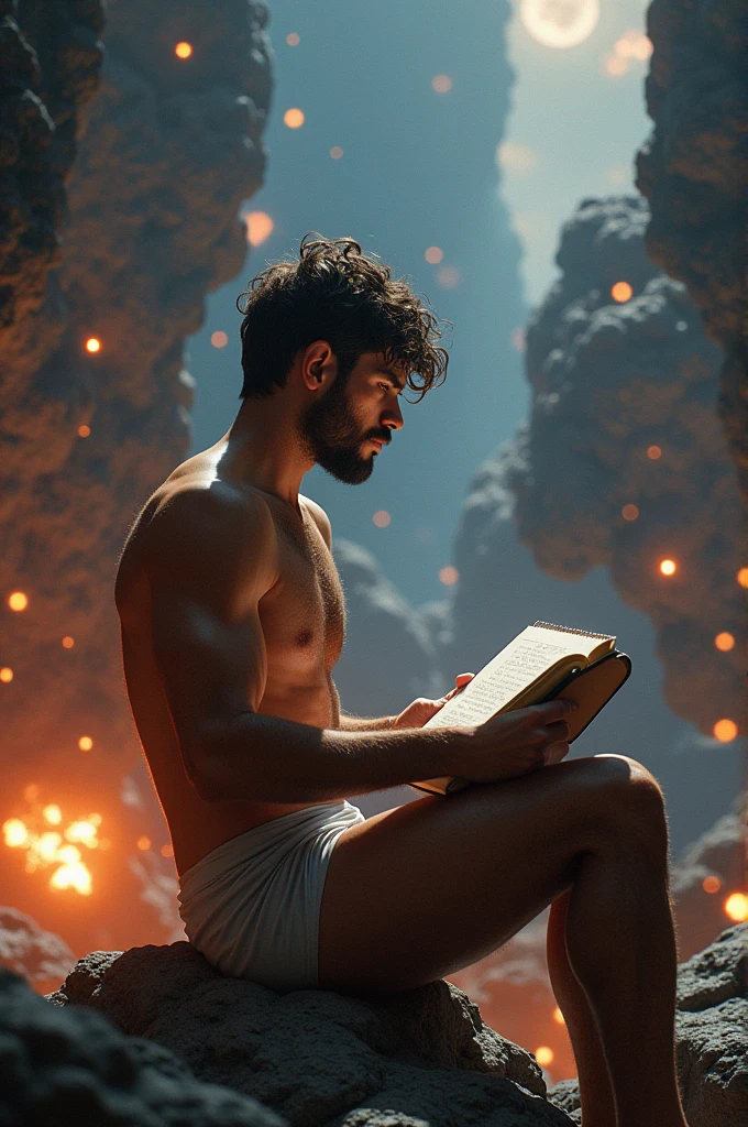 Desenhe um jovem programador, sitting naked on a research platform floating in the middle of an asteroid belt. He is studying with a notebook, surrounded by several asteroids glowing with fiery auras. Dramatic lighting from distant stars and planets illuminates the scene, casting deep shadows on the costume. O jovem parece confiante e determinado, looking at the vast and mysterious universe with awe and respect,facial hair, cowboy shot,with a large bulge in the underwear