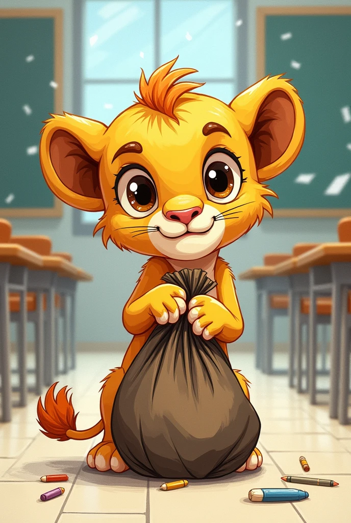 Baby lion with garbage bag in hand at school drawn childish