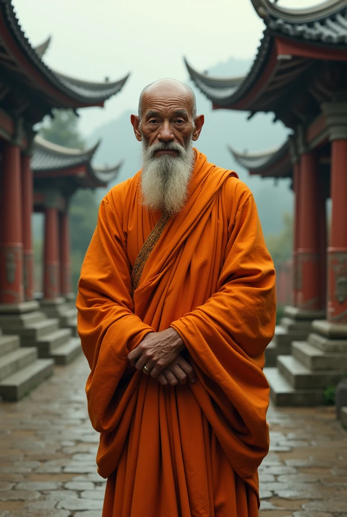 Old monk in orange attire with some beard on face and temple background