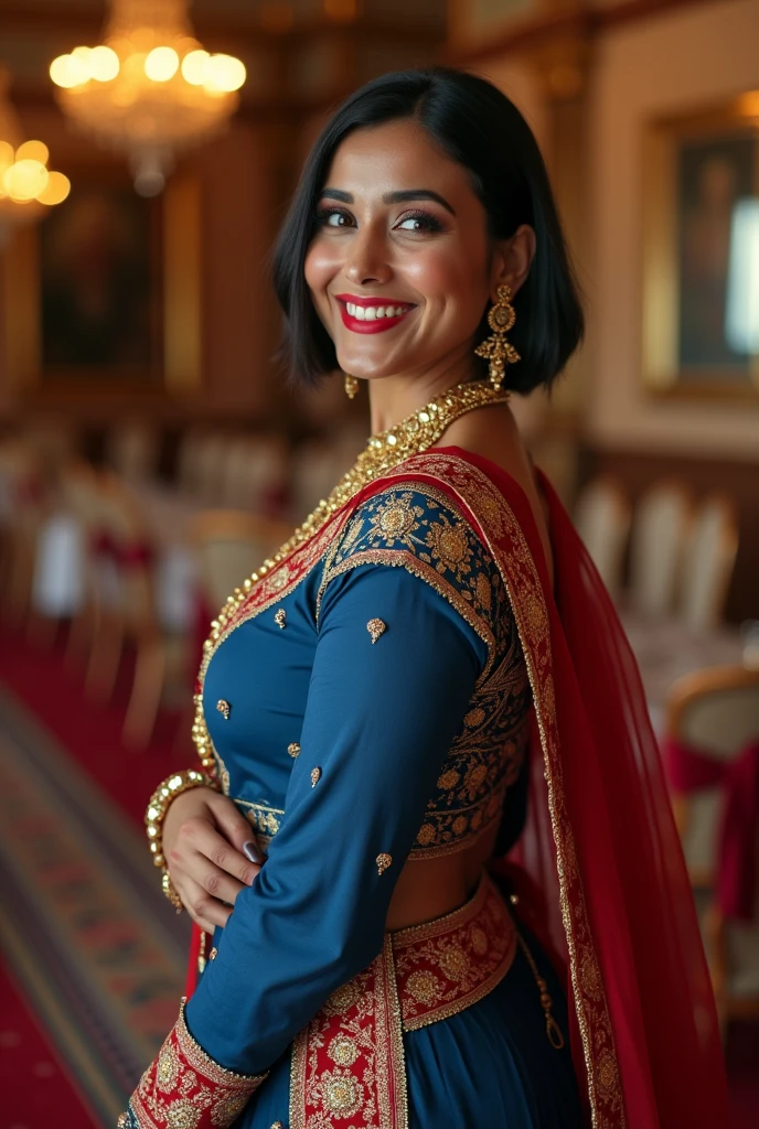 (8k, RAW Photos, Highest quality, masterpiece: 1.2)、Very detailed、Super Resolution、(Full body photography)、Natural color lip、Sexy smile, Heavy eye makeup、(Indian female wearing blue and red salwaar kurta 1.2), Gorgeous Accessories, Bob cut Hair、C cup breasts(Background of a royal banquet hall with luxury view1.2)、(Dynamic Sexy Pose 1.2)、(Gorgeous Theme 1.2)、(With mild cleavage 1.2) (Full length photograph), head to sandals length. Indian female 32 years age, full vertical length.
