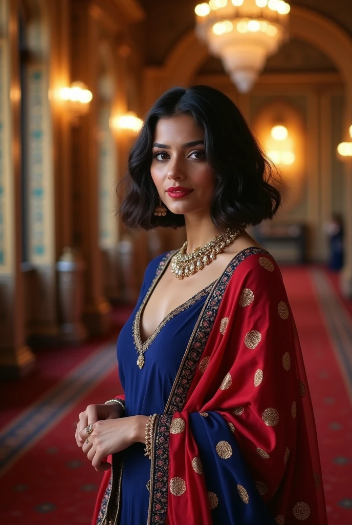 (8k, RAW Photos, Highest quality, masterpiece: 1.2)、Very detailed、Super Resolution、(Full body photography)、Natural color lip、Sexy smile, Heavy eye makeup、(Indian female wearing blue and red salwaar kurta 1.2), Gorgeous Accessories, Bob cut Hair、C cup breasts(Background of a royal banquet hall with luxury view1.2)、(Dynamic Sexy Pose 1.2)、(Gorgeous Theme 1.2)、(With mild cleavage 1.2) (Full length photograph), head to sandals length. Indian female 32 years age, full vertical length.
