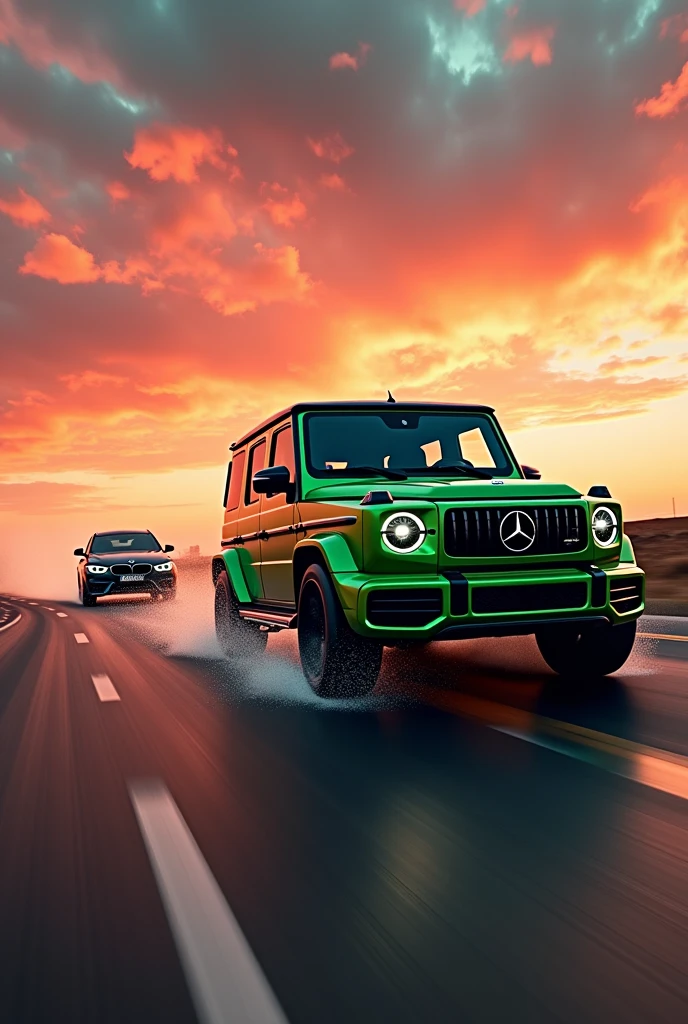 A thrilling cinematic photo capturing the high-speed chase of a green mercedes benz g class racing alongside a black BMW. The benz's tires screech as it takes a sharp turn, while the BMW's sleek design cuts through the air. In the background, a breathtaking sunset casts the sky in vibrant shades of orange and pink, setting the scene for a dark fantasy. The overall atmosphere is dynamic and exhilarating, with a sense of danger and excitement hanging in the air., cinematic, photo, poster, vibrant
