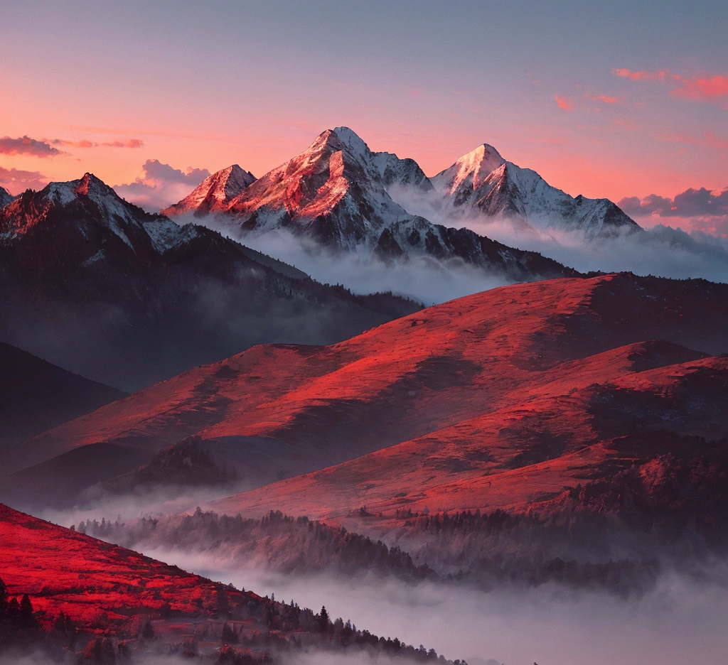 ((masterpiece:1.4,best quality)), cloud, outdoors (mountains), spring glade, scenery, sky, winter, (early morning:1.4),morning red, high detail, abundant, 8k, high detail, wallpaper,