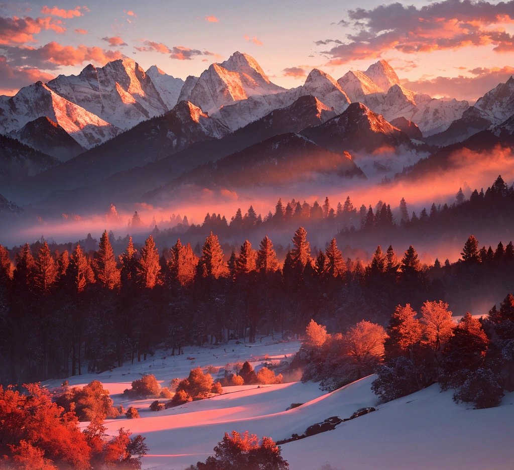 ((masterpiece:1.4,best quality)), cloud, outdoors (mountains), spring glade, scenery, sky, winter, (early morning:1.4),morning red, high detail, abundant, 8k, high detail, wallpaper,